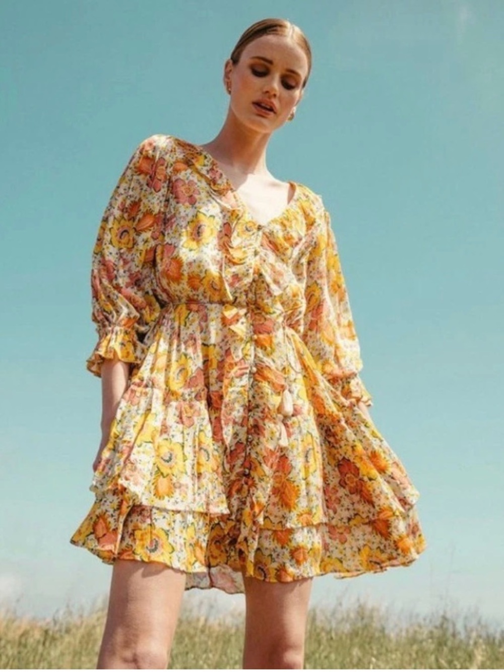 Cleobella Multicolor Floral Audrey Flowy Ruffled Belted Tiered Mini Dress Small